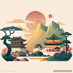 手绘创意小清新山水风景城市建筑