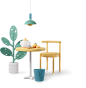 kitchen interior with plant, lamp, table, chair, bucket and teaset Illustration in PNG, SVG