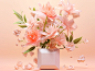 Pink flowers in a white vase on a light pink background, in the style of mike campau, realistic yet stylized, packed with hidden details, light orange and beige, rtx on, fragmented advertising, soft, romantic scenes