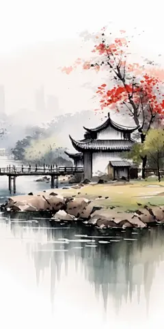 古风建筑山水树木海边日出日落素材图片