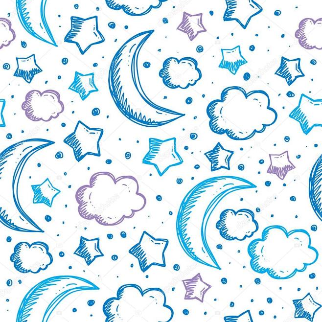 夜晚的天空，手绘矢量插画与模式