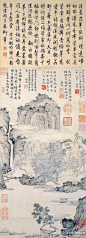 #明四家#【 明 文征明 《绿荫草堂图》 】立轴，纸本设色，80.5x29cm，台北故宫博物院藏。 此图绘山中村落之景，于崇山环抱中见开阔。一瀑飞泻，汇成清清池塘。村居数间皆掩映于绿荫之下。山中闲居，有客拄杖来访。其意态优容，尽显隐士风流。画上除作者自书两题外，尚有蔡羽、王宠、陆师道诸家题记。