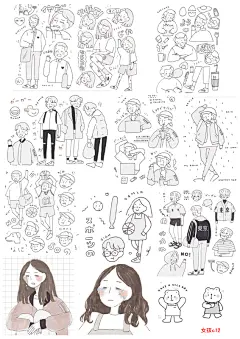 日韩系手绘北欧女孩情侣简笔条线卡通人物男孩打印手帐贴纸不干胶-淘宝网