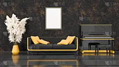 黑色的室内，黑色和黄色的钢琴，沙发和框架的模型