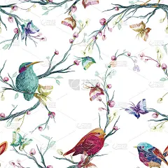 复古无缝图案:鸟、蝶、花。