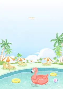 泳池戏水气垫遮阳躺椅椰树夏季插画泳池|遮阳躺椅|椰树|夏季|插画