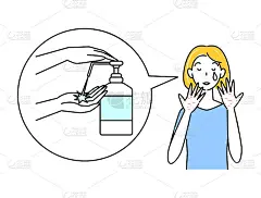 可爱的女人伤心的手变得粗糙的皮肤与酒精消毒插画简单向量皮肤护理。一个漂亮的女人为她手上的酒精消毒引起