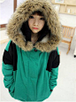 #外套小铺# 2012年韩版女式冬装新款大毛边连帽拼色棉衣女装加厚外套