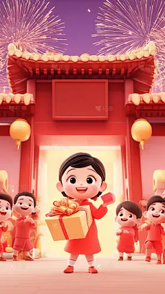 除夕&春节卡通3D新年过年场景灯笼烟花礼物组合背景