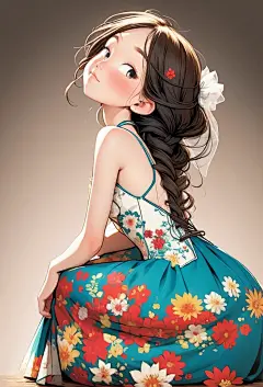 穿着花上衣和绿色衬衫的卡通女孩 - SeaArt AI
