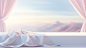 white table cloth surrounded by mountains and light, in the style of soft gradients, windows vista, soft pastel skies, hyper-realistic details, flowing fabrics, white and pink, realistic hyper-detail