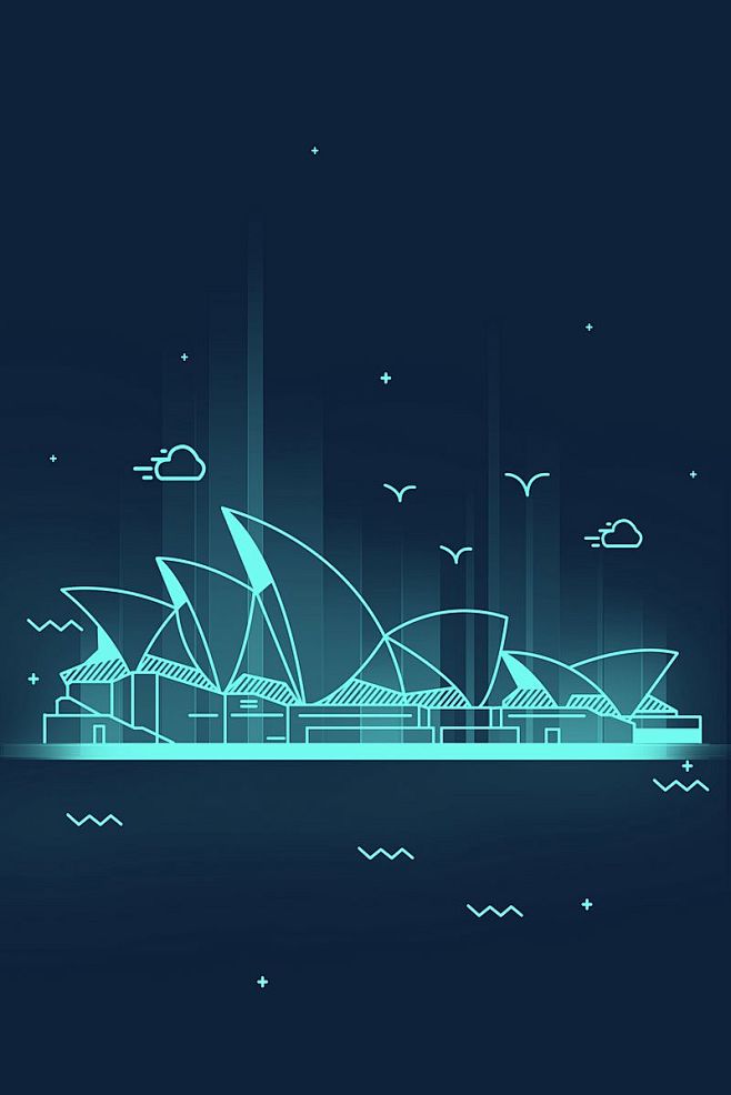 扁平线条卡通澳大利亚地标性建筑悉尼歌剧院