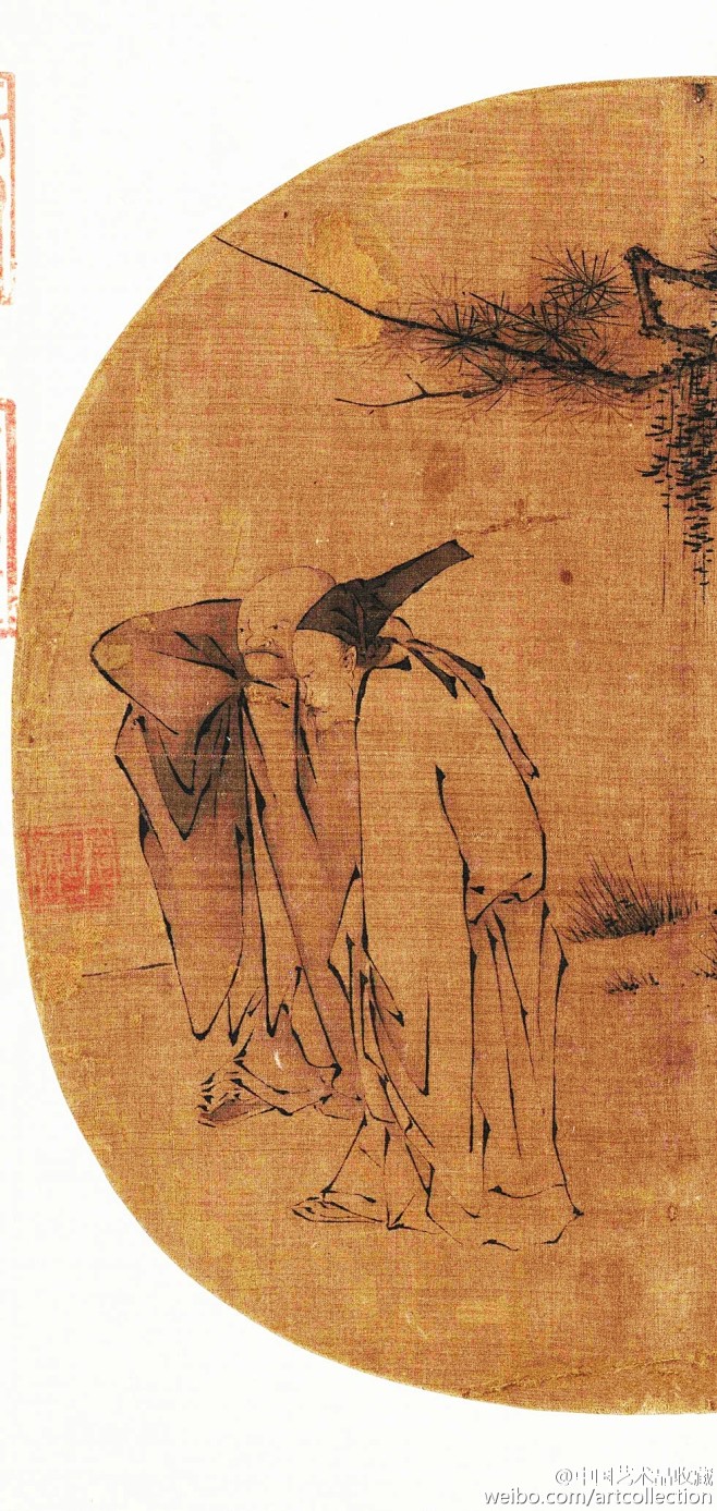 #人物画#【 南宋 梁楷 《三高游赏图》 】团扇，纸本，26×25.2cm，北京故宫博物馆藏。 此图原载《宋人名流集藻册》。画上题云：“御前 ...