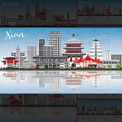 创意国际城市全景高楼大厦旅游观光景点卡通海报图VI矢量设计素材-淘宝网