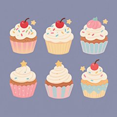 一系列六个造型各异的卡通风格纸杯蛋糕插画，每个蛋糕都有蓬松的奶油顶、顶部点缀的樱桃和彩色糖屑，搭配两颗小星星装饰，保持原图圆润的线条、柔和的渐变色彩和可爱的手绘质感，每个蛋糕采用完全不同的奶油造型设计，背景为纯色且每个蛋糕拥有独特的整体色调，所有元素规整排布在画面中形成系列素材集合
