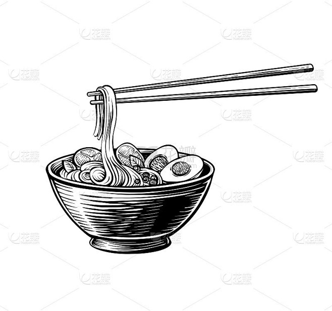 拉面汤在一个黑色的碗，手持筷子，手绘插图...