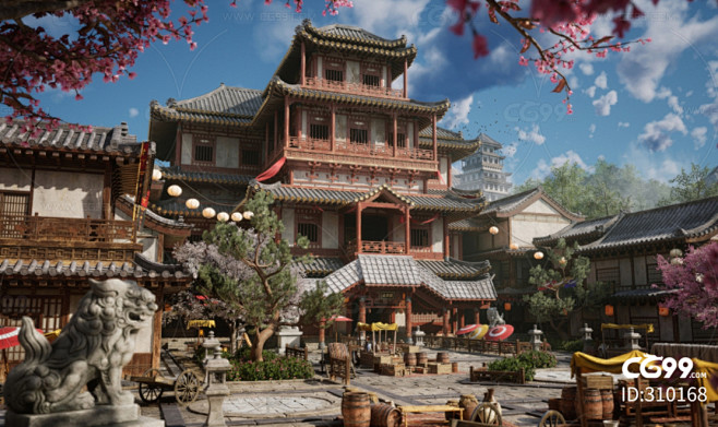 中式古建 古风场景 中式小镇 古风街道 UE5模型