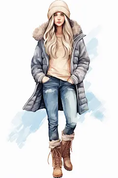 卡通时尚冬季卷发美少女人物插画