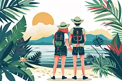 扁平风旅游手绘踏青插画