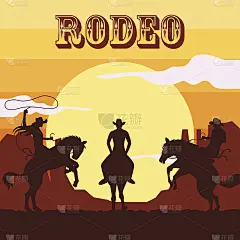 牛仔海报，牛仔和女牛仔的剪影骑在野马和公牛上。矢量图