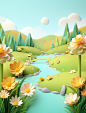 3d photo of grass and flowers on a river, in the style of cute cartoonish designs, soft geometry, minimalist stage designs, innovative page design, yellow and aquamarine, flat, limited shading, childlike innocence and charm