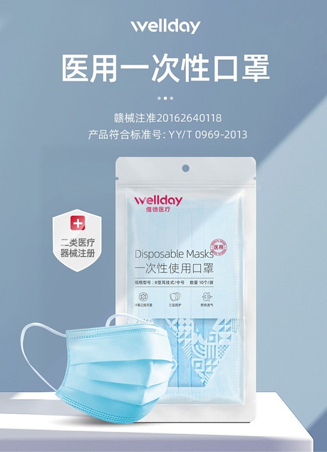 维德（WELLDAY）医用口罩一次性成人...