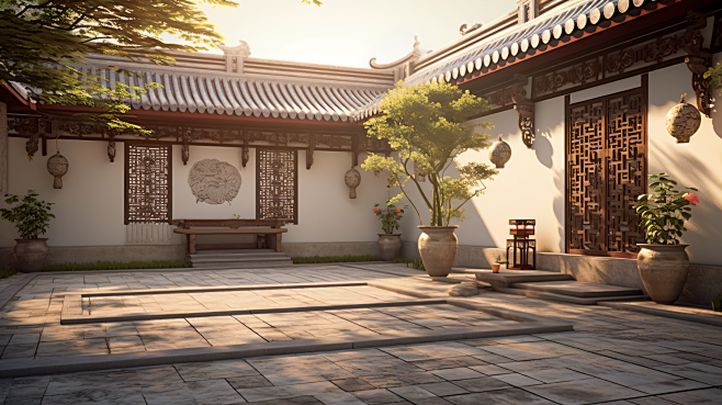 千库网_夕阳下的中国风古典庭院背景4_背景编号6532204