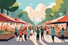城市夜景逛街集市场景插画
