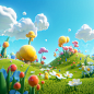 Grass, flowers, blue sky, white clouds, rivers,Advanced natural color matching, bright and harmonious, lovely and colorful detailed character design, Behance, Shanghai style, organic sculpture, C4D style, 3D animation style character design, cartoon reali