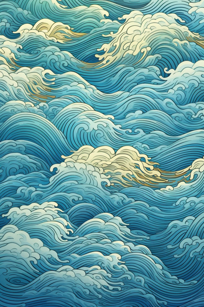 竖版中国风水纹波浪花纹背景图插画-花瓣网
