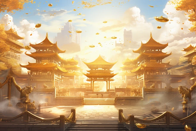 金色神话建筑国潮神仙洞府原画-花瓣网