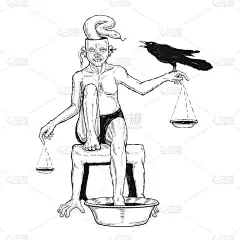 天秤上挂着人形，坐在椅子上，脚放在水罐里。蛇从头上冒出来，手里握着一只黑乌鸦。手绘插画向量。纹身设计