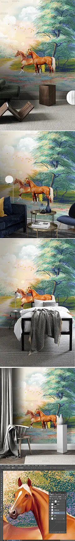 现代时尚手绘森林草地骏马背景墙壁画玄关装饰画
