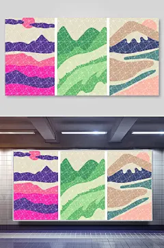 日式背景简约抽象艺术网格三联装饰插画