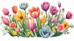 点击来源直接获取大图文件 |一幅充满活力的水彩插画，展示了各种五颜六色的花朵，其中郁金香和花朵在白色背景下盛开