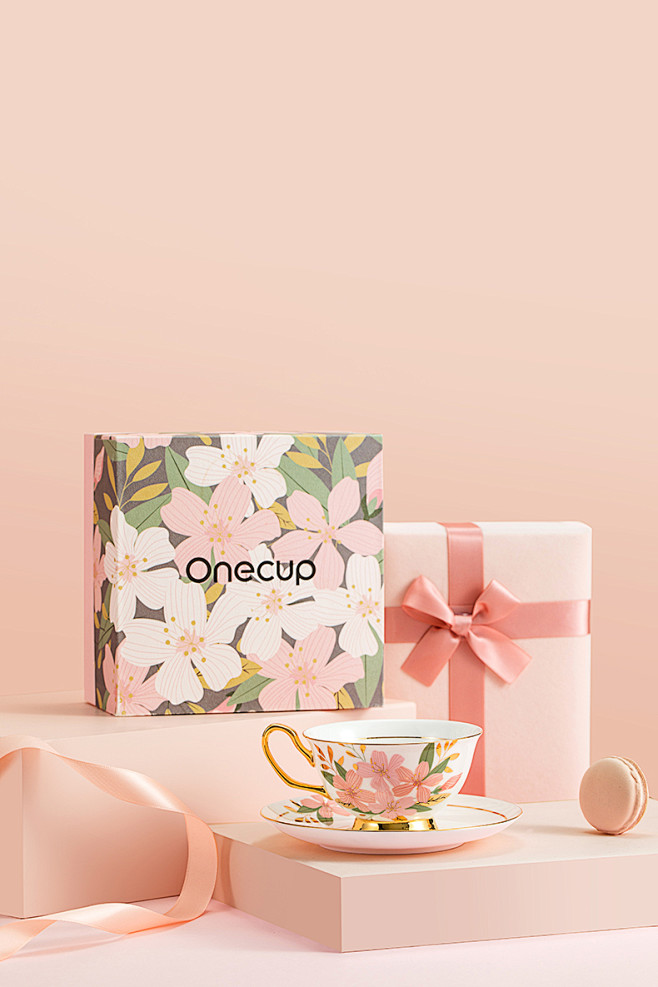Onecup粉色烫金樱花骨瓷杯下午茶咖啡...