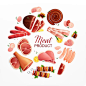 Meat products advertising promotion flat circular composition with ham steak sausages bacon meatloaf beef shank illustration