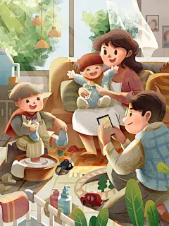 一家四口泡脚温馨插画