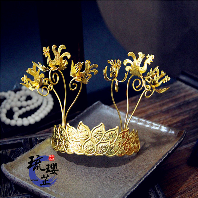 【琉璎芷】传统首饰手工錾刻魏晋风汉服发冠小凤凰莲花冠【涵烟】-淘宝网