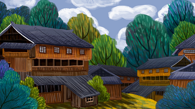 湘西风景少数民族风俗村庄大山手绘背景插画