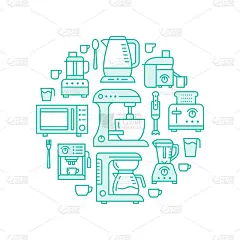 厨房小家电设备横幅插图。矢量平线图标的家庭烹饪工具-搅拌机，咖啡机，微波炉，食品处理器，烤面包机。电