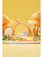 3D rendering, cute cartoon style background image, minimalist style, with a circular stage in the middle of the picture, unobstructed platform, surrounded by cute cartoon trees, small bees, mushrooms, orange yellow color tone, c4d modeling, OC renderer, h