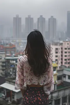 遥望远方甜美女孩背影