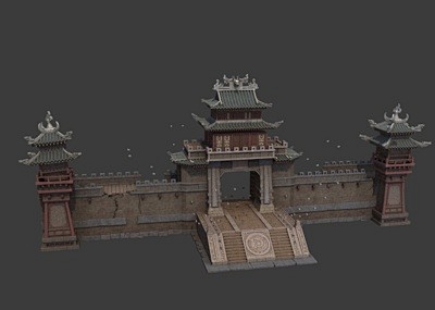 古代写实城墙，城门，围墙，破损的城墙，城门，护城河
