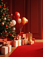 C4D render blender, commercial shooting style, photo of various gift boxes and balloons placed on the red carpet in front of it, a Christmas tree decoration next to them, a festive atmosphere, warm colors, bright light, a red wall background, a full-body 