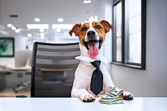 点击来源直接获取大图文件 |穿着商人服装并带着钱的杰克罗素梗犬