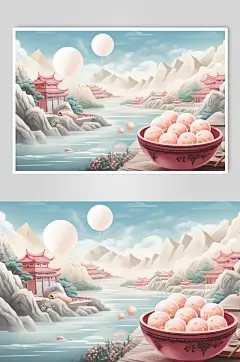 AI数字艺术国潮元宵节汤圆山水插画