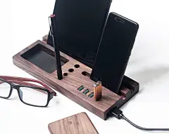个性化扩展坞，带 USB 集线器扩展的木制手机 iPad 支架，笔架桌面整理器，名片夹