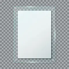 点击来源直接获取大图文件 |挂在墙上的透明背景上孤立的逼真空白海报。带有安装支架的清晰垂直亚克力铭牌。横幅有机玻璃支架。 3D 矢量插图