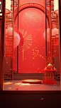 Chinese new year fireworks in the red background, in the style of trompe l'oeil compositions, daz3d, narrative paneling, mirror rooms, nature-inspired art nouveau, interior scenes, minimalist backgrounds